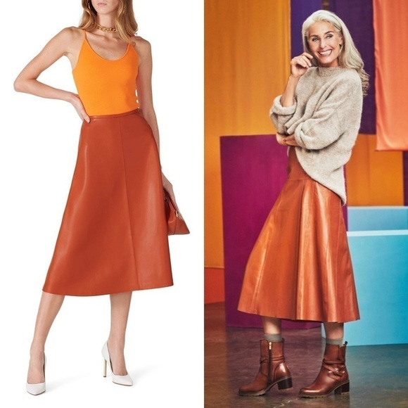 SALLY LAPOINTE 70s Burnt Orange Vegan Faux Leather Soft Fall A-Line Midi Skirt 0 - Picture 1 of 9